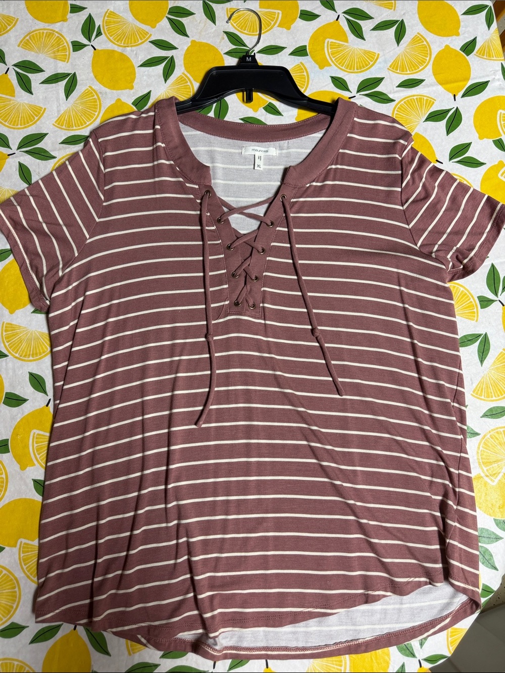 Maurices Mauve Striped Lace-Up Short Sleeve Tee